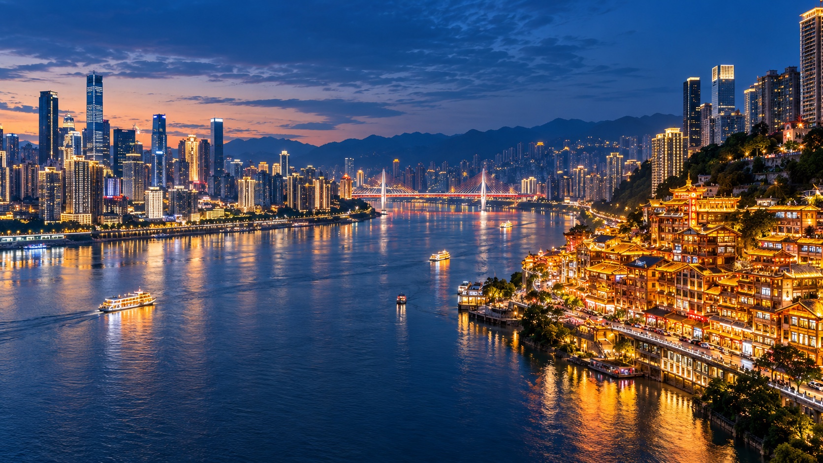 重慶兩岸夜景，AI 情境示意圖
